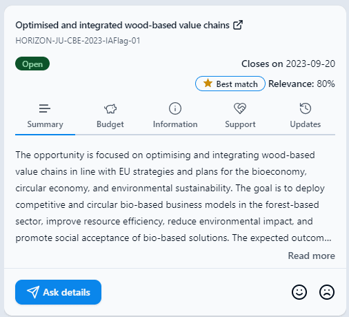 GrantsFinder showing best match results with relevance score